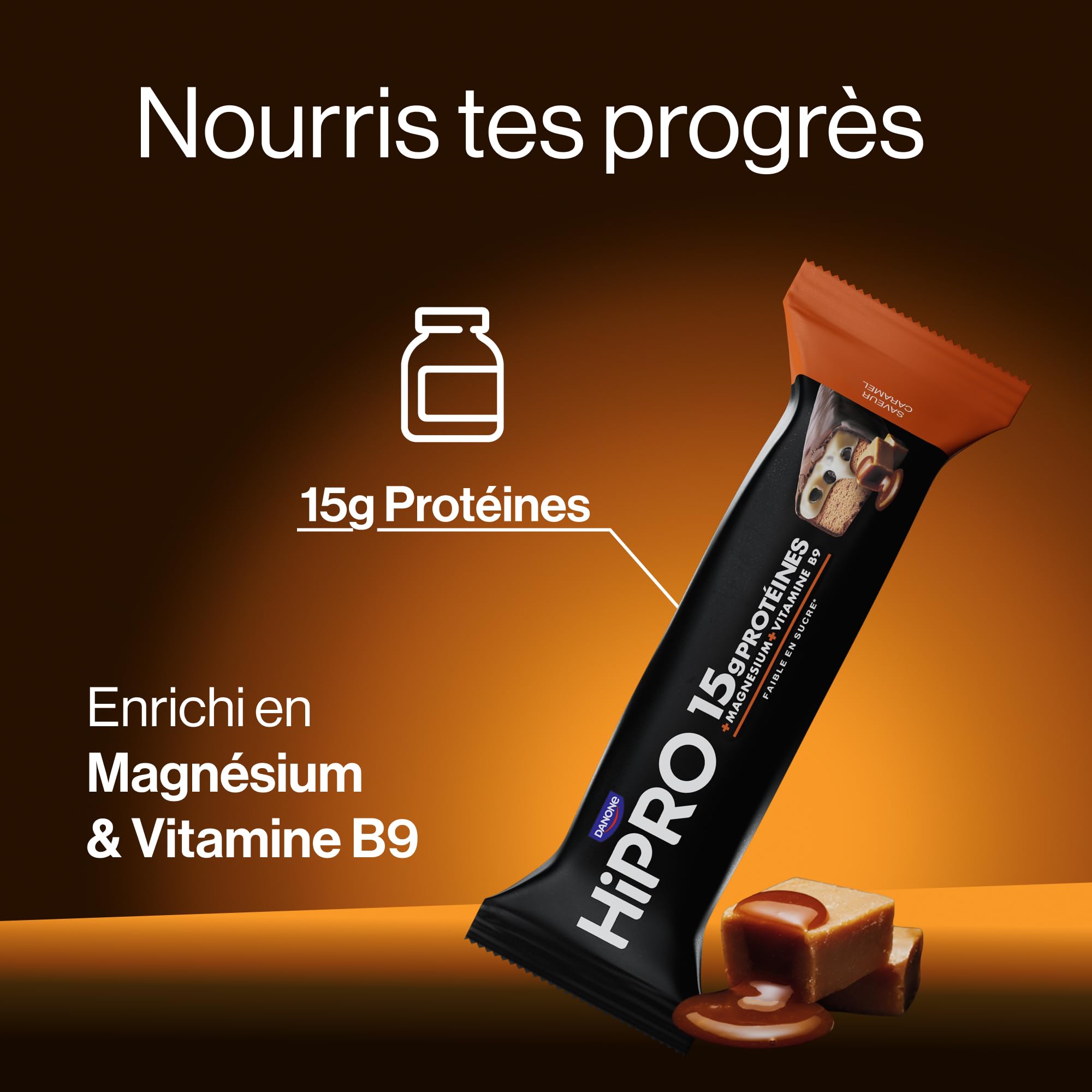 Hipro Barre protéinée caramel 45g pack 12 magnésium B9