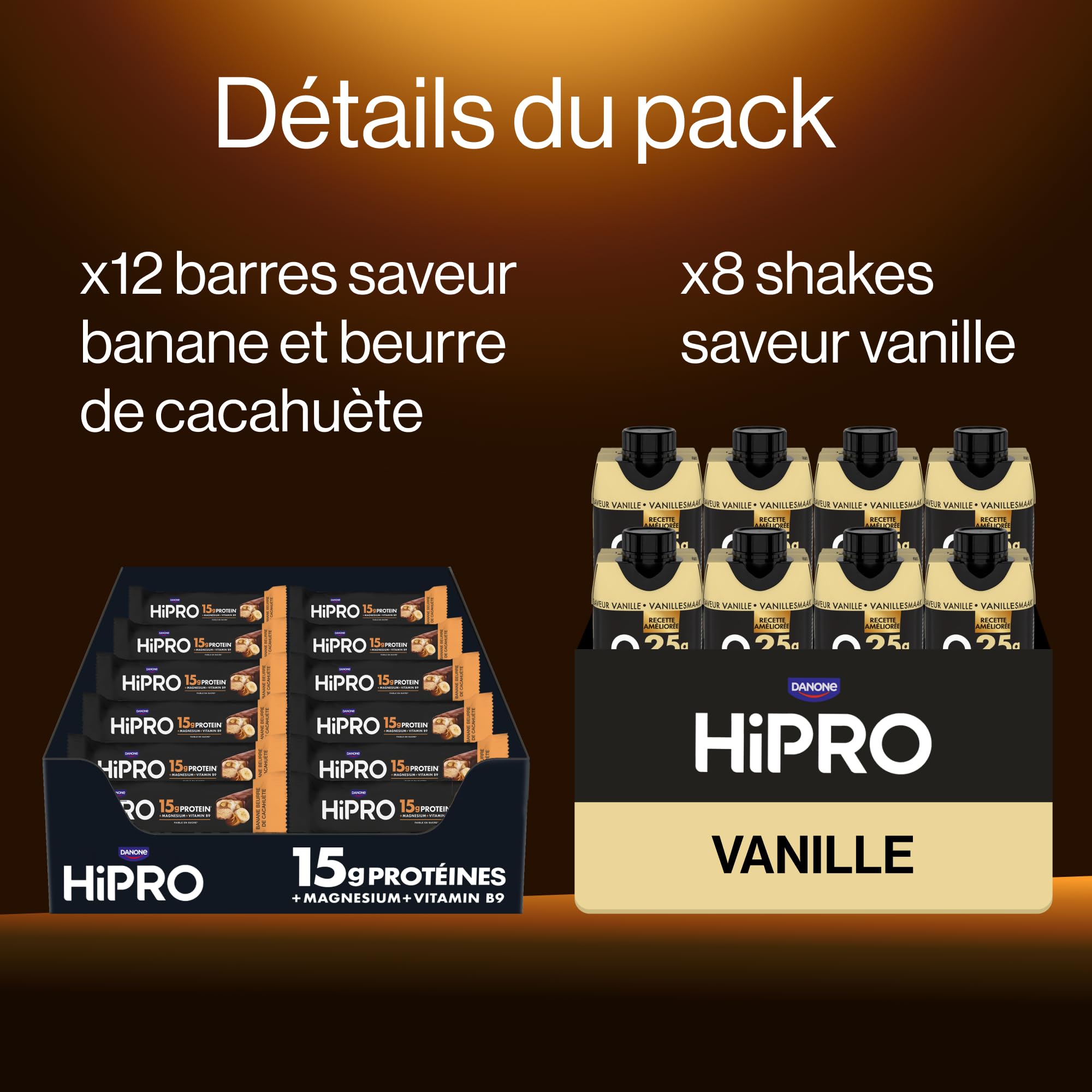 HiPRO Lot Boisson Vanille 8x330ml + Barres Banane 12x45g