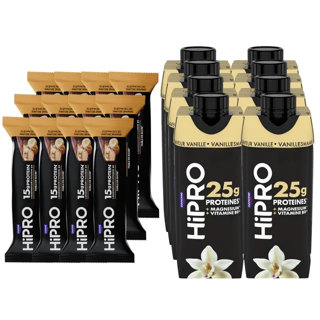 HiPRO Lot Boisson Vanille 8x330ml + Barres Banane 12x45g