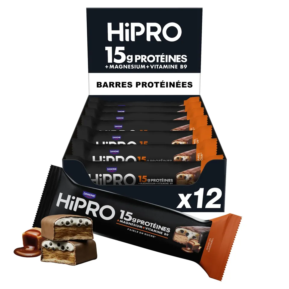 Hipro Barre protéinée caramel 45g pack 12 magnésium B9